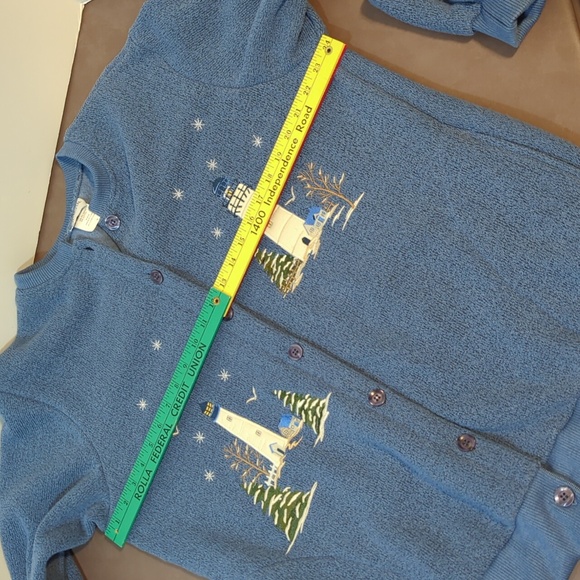 Bon Worth Sweater Lighthouses Women Medium Blue Button Winter Scene - Picture 10 of 11